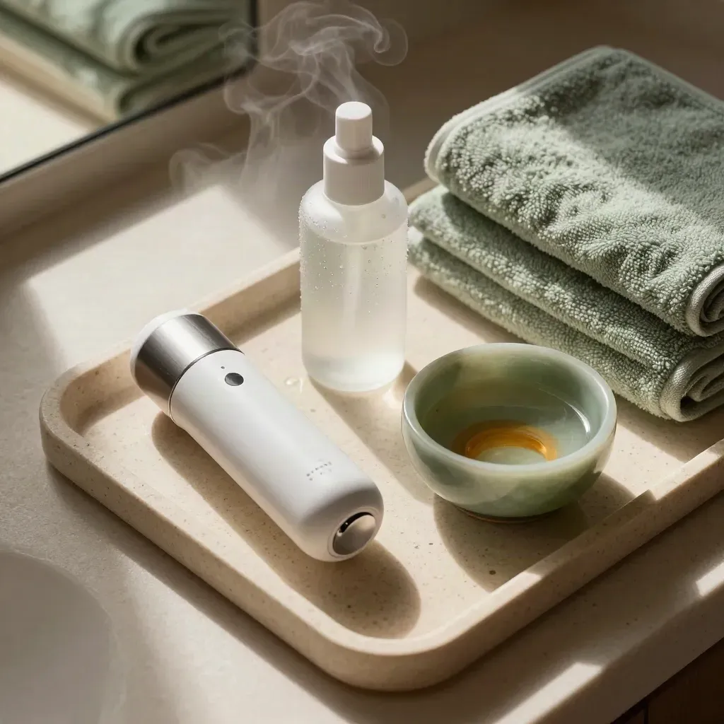 Facial steamer, mist bottle, jade bowl, and towels in a warm spa still life with curling steam.