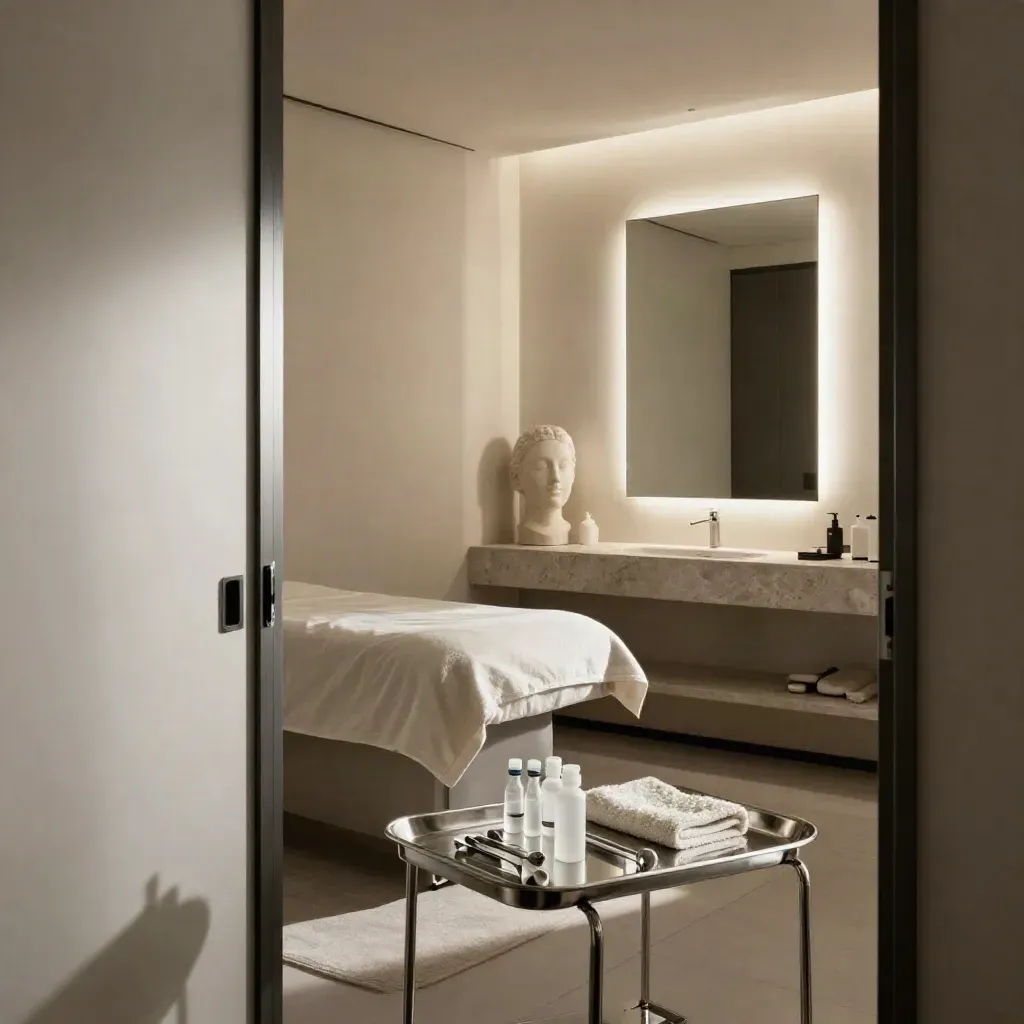 Bliss Med Spa treatment room with tray, serum vials, towels, bust and mirror wall