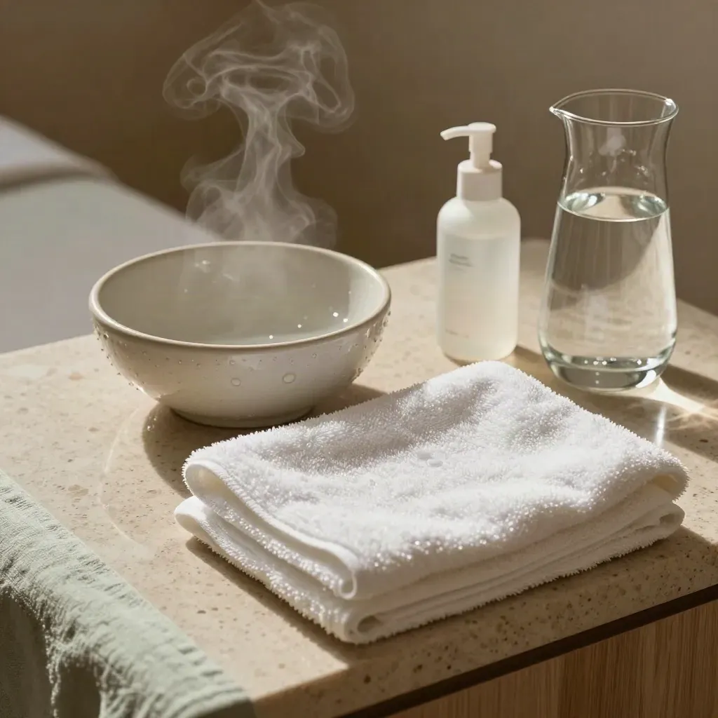 Overhead spa prep station with enzyme bowl, towels, toner bottle and glass carafe on stone.