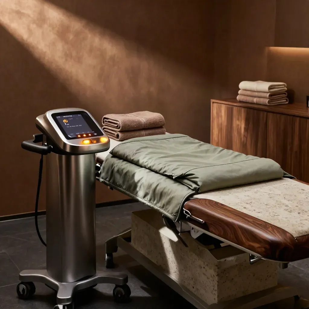 Body contouring machine with folded compression wrap and stone towels in a moody spa room.