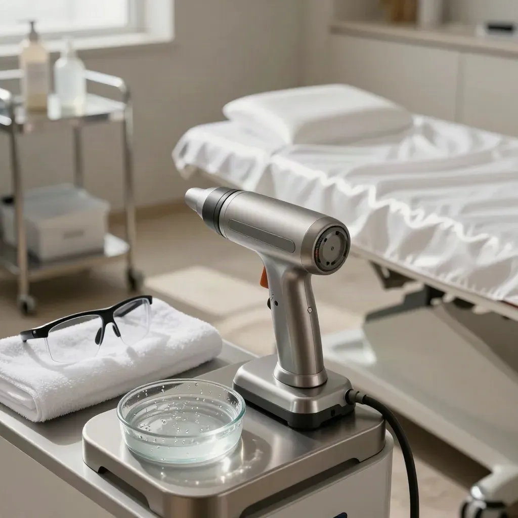 Laser prep suite with docked device, cooling gel, eyewear, satin sheet and soft daylight.
