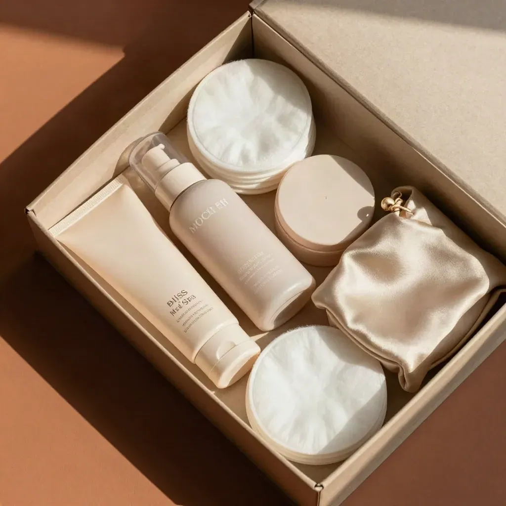 Open med spa aftercare gift set with moisturizer tubes, SPF, cotton pads, and a sage satin pouch