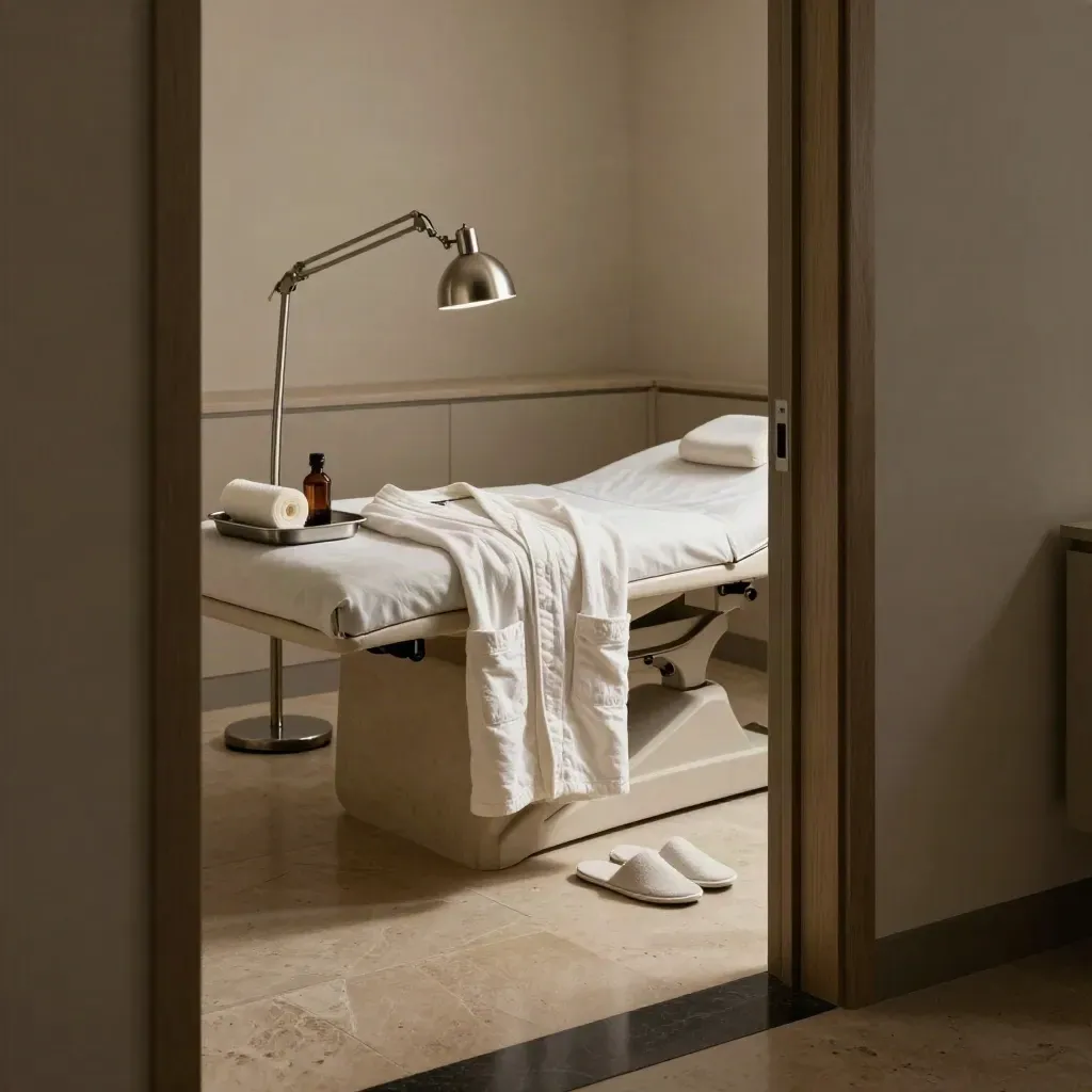 Spa treatment room vignette with robe, tray, slippers and exam lamp in soft light