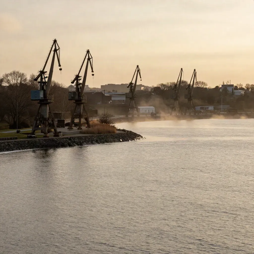 Durham harbour cranes over calm lakeside water in golden haze
